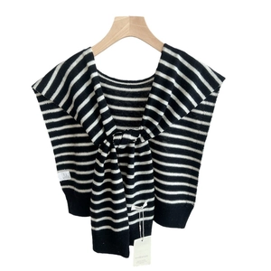 Classic black and white striped knit wool shawl for women with elegant front knot styling