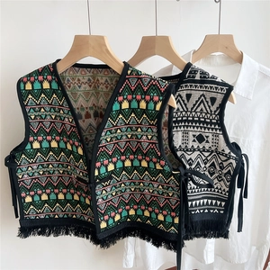 Women Ethnic Jacquard Vest Shawl Bohemian Folk Style Embroidery Tassel Wrap Vintage Side Tie Cropped Vest