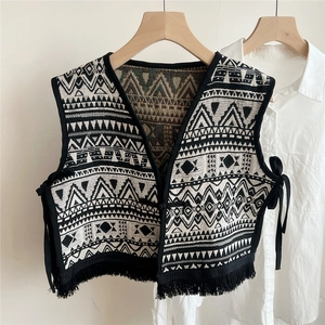 Detail view of ethnic geometric jacquard knit vest with black tassels and side ties
