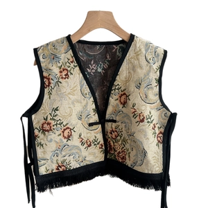 Ethnic style floral jacquard vest shawl with decorative black tassel fringe for women