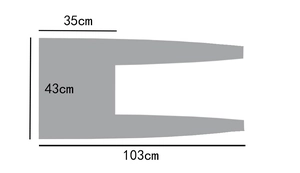 Size diagram of grey knitted shawl showing measurements of 103cm, 43cm, and 35cm detail