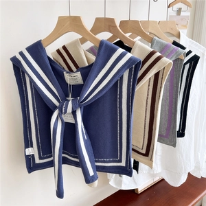 Women Knitted Shawl Fake Collar Cotton Acrylic Striped Border Tie Up Sailor Style Detachable Preppy Neck Wrap