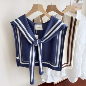 Striped knitted shawl collar for women with ties and a casual nautical aesthetic