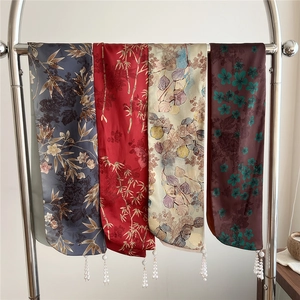 Retro silk scarves with traditional patterns and elegant pearl tassels in four colors