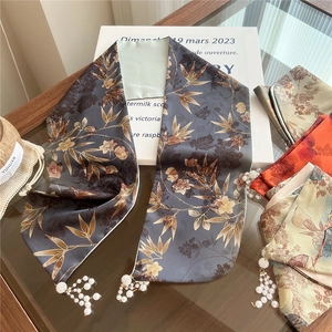 Long Narrow Polyester Satin Scarf Women Floral Print Double Sided Necktie Artificial Pearl Tassel Pendant Elegant Hair Band