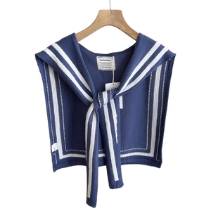 Navy blue sailor style knitted shawl with double white stripes and tie-front closure