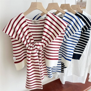 Striped knitted shawl wrap with decorative front knot for women in three stylish colors