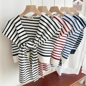 Striped knit shawl shoulder wrap with tie front for women in various color patterns