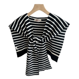 Classic black and white striped knitted shawl wrap with textured ribbing for women