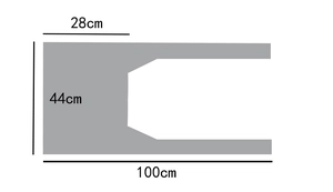 Detailed size diagram for grey U-shaped bath mat, 100x44cm dimensions with 28cm cutout