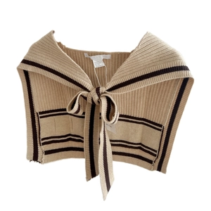Striped knitted faux collar capelet for women with front bow tie and soft wool blend fabric