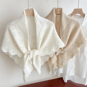 Knitted hollow triangle shawl for women in off-white and beige with tie front