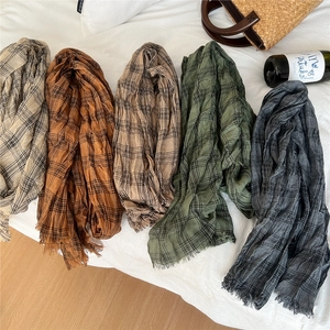 Long Cotton Linen Scarf Plaid Pattern Pleated Texture Fringe Trim Casual Versatile Korean Style For Women