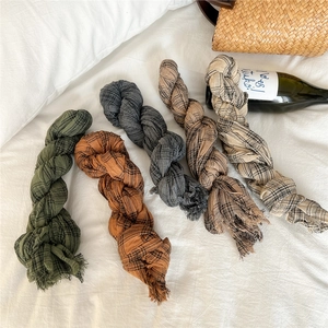 Long linen cotton plaid scarf set with tassels in dark green, caramel, and beige colors