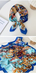 Detailed abstract print silk scarf with deep blue border and artistic oil painting style