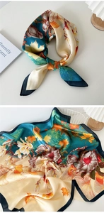 Detail of silk-like square scarf featuring vintage floral and maple leaf prints
