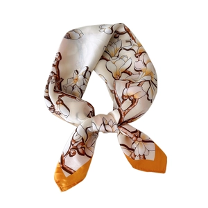 Elegant silk magnolia floral square scarf with bright orange border for women