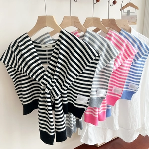 Women Striped Knit Shawl Chic Detachable Fake Collar Knot Scarf Wrap Shoulder Accessories Minimalist