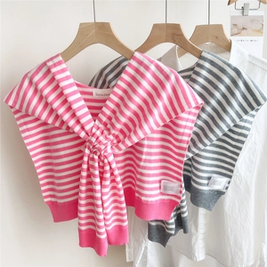 Striped knit shawl wrap for women featuring stylish front knot design in pink and gray colors