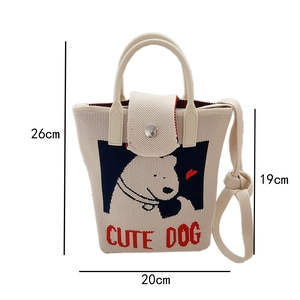 Detailed size chart of the cute knitted crossbody bag with cartoon dog pattern and dimensions