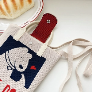 Cute cartoon knit handbag with blue bear pattern and adjustable shoulder strap