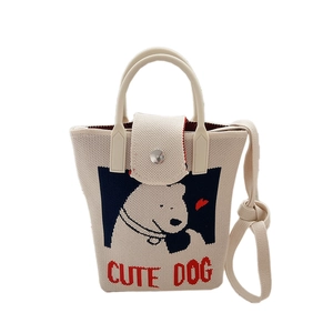 Cream knit crossbody phone bag with cute dog pattern and dual handles for women