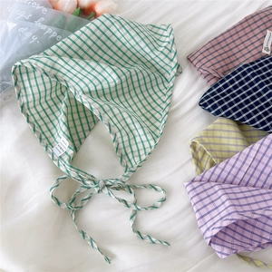 Plaid cotton linen triangular scarf for women in green pink navy yellow and purple colors