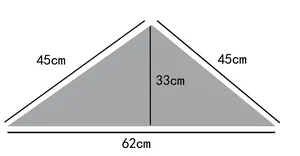 Size chart for cotton linen triangle scarf with detailed 62cm base and 45cm side dimensions