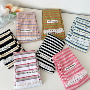 Lace-trimmed colorful striped arm sleeves for sun protection with knitted rib texture