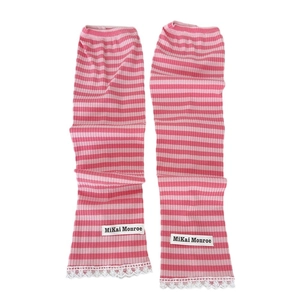 Pink striped knit arm warmers with white lace trim and decorative brand label