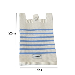 Vertical view of striped knit phone bag with dimensions 22cm by 14cm and metal snap closure