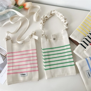 Women Knitted Striped Phone Bag Mini Crossbody Handbag Lightweight Braided Strap Sweet Style Travel Accessory