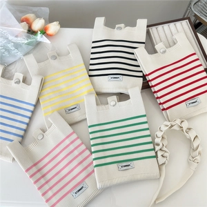 Set of six striped knit crossbody mini phone bags with snap closure in various colors