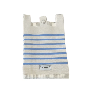 Striped knitted mini crossbody bag for women in cream and blue with top handle