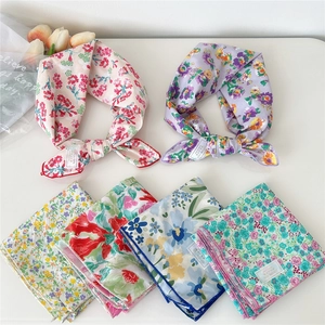 Floral Print Cotton Square Scarf Elegant Pastoral Style Headband Multipurpose Hair Tie Neck Scarf Women Breathable Soft