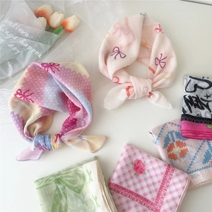 Foulards carrés en coton et lin de style coréen avec motifs floraux et géométriques
