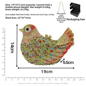 Detailed size specifications for bird-shaped crystal clutch bag with chain and box