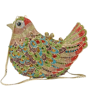 Detailed close-up of bird-shaped evening bag with colorful hand-set crystal rhinestones