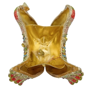 Exquisite peacock shaped evening clutch bag with colorful rhinestones and gold lining