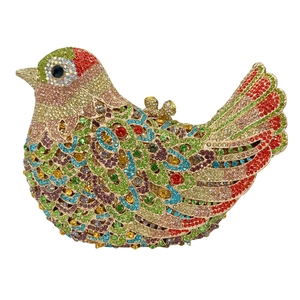 Exquisite bird shaped evening clutch bag fully encrusted with colorful sparkling crystals