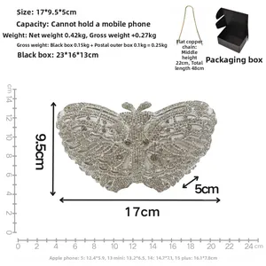 Detailed size chart of butterfly evening clutch with silver rhinestones and chain strap