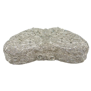 Luxury butterfly-shaped clutch bag covered in sparkling silver rhinestones for evening gala
