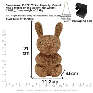 Detailed specs of rabbit evening bag with crystals, size 11.2x21x9.5cm and 48cm chain