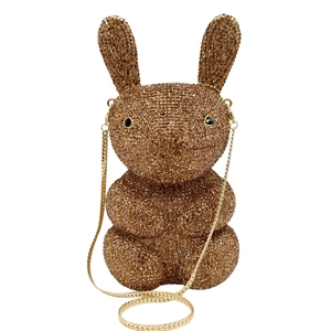 Exquisite champagne gold crystal rabbit evening clutch bag with fine metal chain
