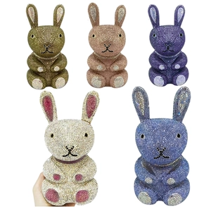 Detail of crystal rabbit clutch bags in five colors featuring sparkling rhinestone embellishments