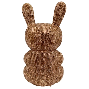 Close-up of rose gold crystal rabbit evening bag showing detailed rhinestone craftsmanship