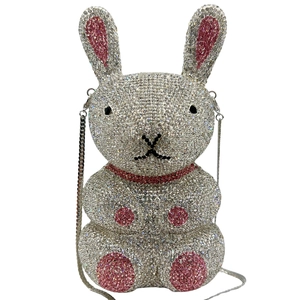 Sparkling rabbit crystal evening bag with silver and pink rhinestones and metal chain strap