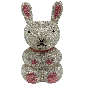 Detail of a rabbit crystal evening bag featuring silver and pink rhinestones in close-up