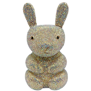 Detailed close-up of rabbit crystal evening clutch featuring sparkling rhinestones