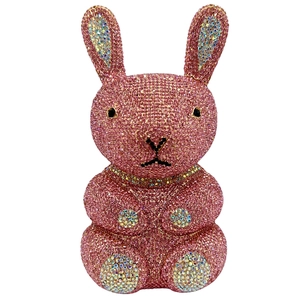 Close-up of pink crystal rabbit evening bag showing detailed rhinestone craftsmanship